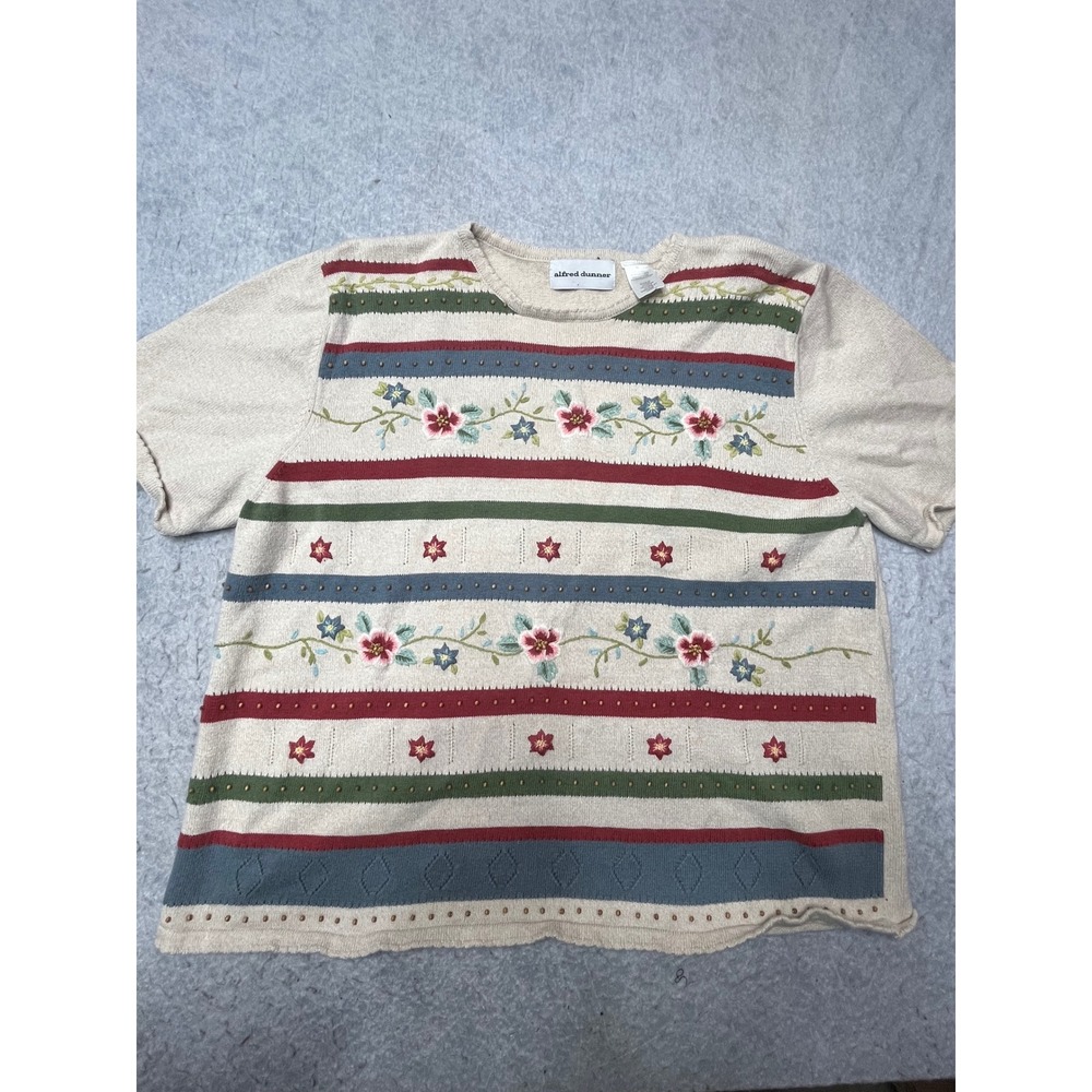 Womens XL Floral Embroidered Beaded Knit Sweater Short Sleeve granny boho VTG